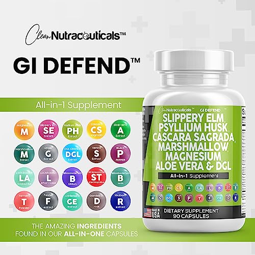 Slippery Elm 5000mg Psyllium Husk 2000mg Pre Probiotic Digestive Gut Health Supplement with Aloe Vera Cascara Sagrada 2000mg Marshmallow Root DGL Licorice Senna Extract Magnesium - Made in USA 90 Ct