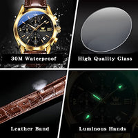 OLEVS Mens Watches Leather Band Luxury Dress Chronograph Watch Casual Waterproof Black and Gold Watches for Men Relojes para Hombres