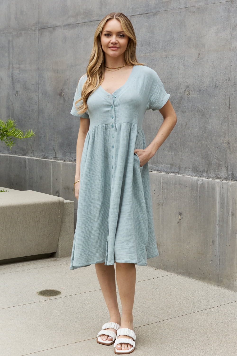 Sweet Lovely By Jen Full Size Button Down Midi Dress