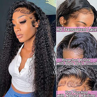 PUVEPK 13X4 HD Curly Lace Front Wigs Human Hair Pre Plucked with Baby Hair 180% Density Brazilian Deep Curly Wave Human Hair Wigs for Black Women 9A Glueless Lace frontal Wigs Natural Color (22 inch)