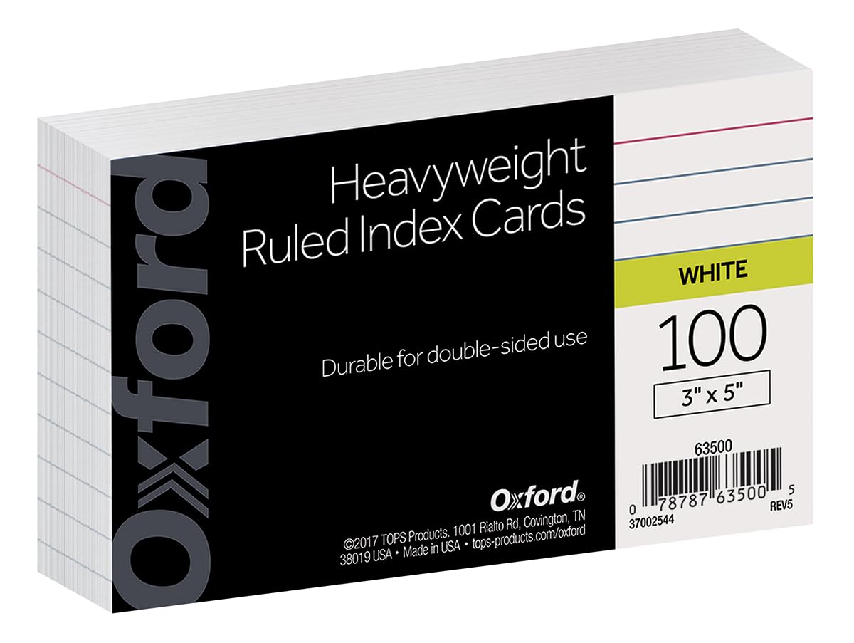 Oxford Heavyweight Ruled Index Cards, 3" x 5", White, 100 Per Pack (63500)