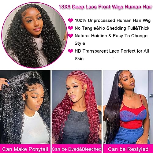 Hswpawk 13x6 Deep Wave Lace Front Wigs Human Hair HD Transparent Lace Front Wigs Human Hair Pre Plucked 180% Density Glueless Wigs Human Hair with Baby Hair Deep Curly Wigs for Women Natural Color 24