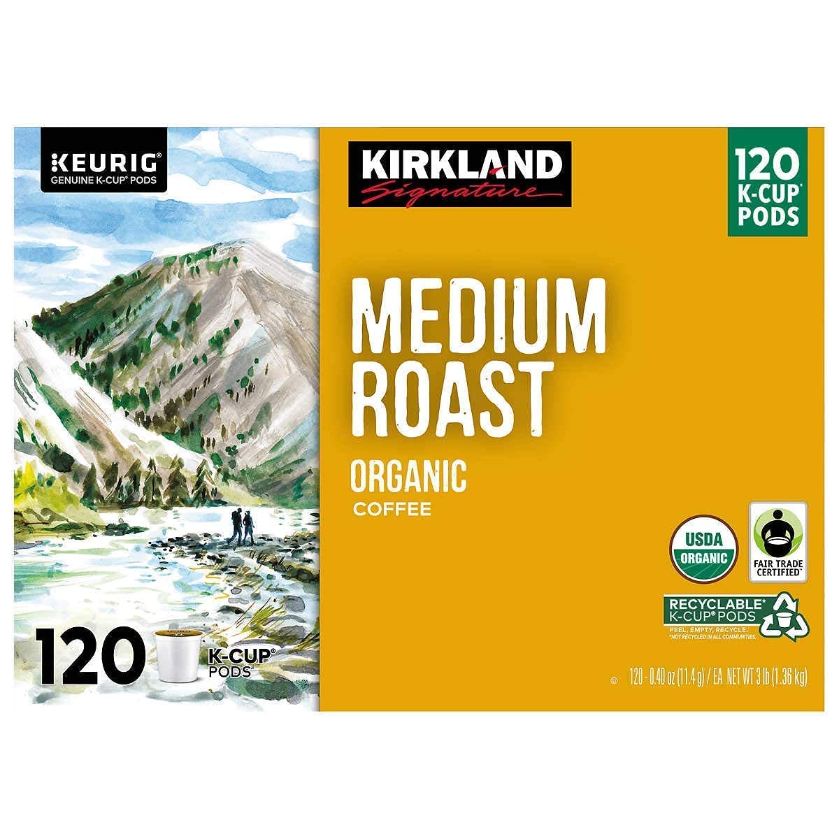 Kirkland Signature Organic Medium Blend Roast, Recyclable K Cup Pods, 3 lb, 120 Count