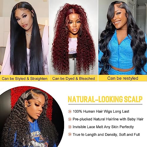 Deep Wave Lace Front Wigs Human Hair 28 Inch 13x6 Glueless Wigs Human Hair Pre Plucked Curly Human Hair Wigs for Women HD Transparent Lace Frontal Wigs 180% Density Deep Wave Wig Natural Color