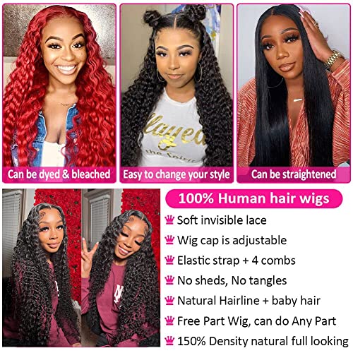 13x6 Deep Wave Lace Front Wigs Human Hair Deep Wave HD Lace Frontal Wigs Human Hair for Black Woman Glueless Curly Lace Front Wig Pre Plucked with Baby Hair 150% Density Natural Color (20 inch)