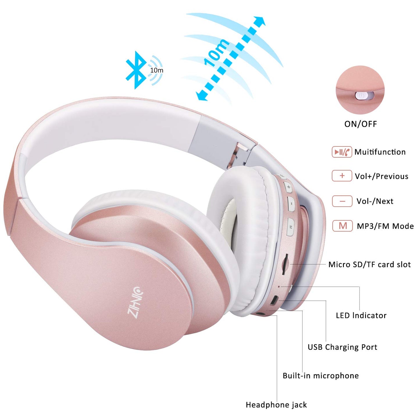 ZIHNIC Bluetooth Headphones Over-Ear, Foldable Wireless and Wired Stereo Headset Micro SD/TF, FM for Cell Phone,PC,Soft Earmuffs &Light Weight for Prolonged Wearing(Rose Gold)