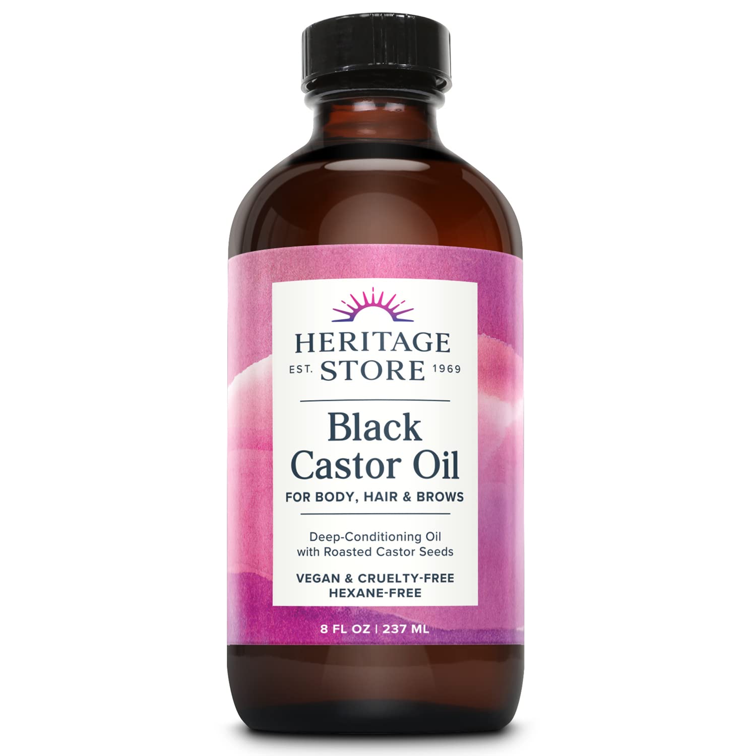 HERITAGE STORE Black Castor Oil, Traditionally Roasted, Rich Hydration for Hair & Skin, Bold Lashes & Brows 8oz