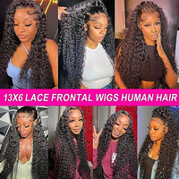 Hswpawk 13x6 Deep Wave Lace Front Wigs Human Hair HD Transparent Lace Front Wigs Human Hair Pre Plucked 180% Density Glueless Wigs Human Hair with Baby Hair Deep Curly Wigs for Women Natural Color 24