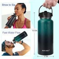 32oz Insulated Stainless Steel Water Bottle with Straw & Spout Lid, Double Wall Sweat-proof BPA Free to Keep Beverages Cold For 24Hrs or Hot For 12Hrs