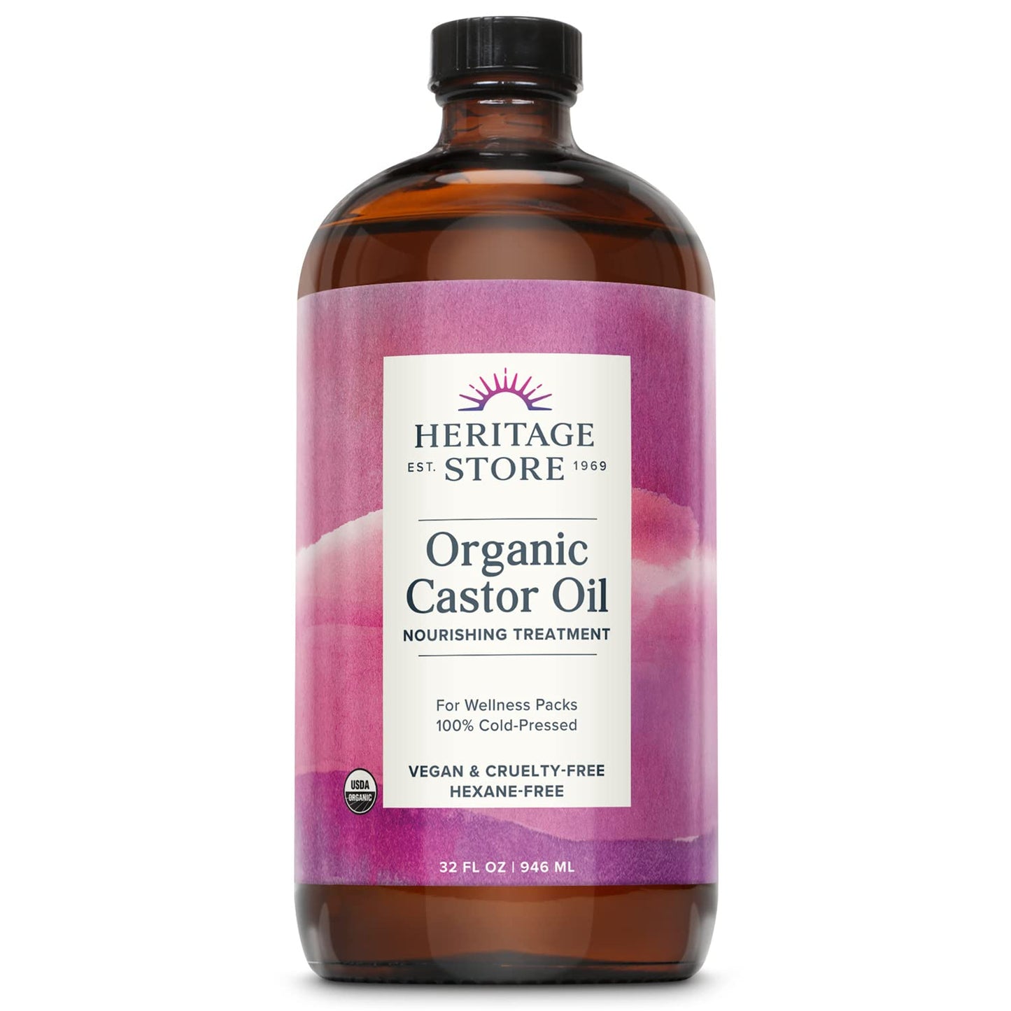 HERITAGE STORE Organic Castor Oil, Glass Bottle, Cold Pressed, Rich Hydration for Hair & Skin, Bold Lashes & Brows | 32oz