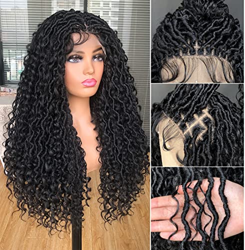 Annivia Goddess Faux Locs Wigs for Black Women 30inch Full Lace Goddess Bohemia Locs Braided Wigs with Baby Hair Hippie Locs Twist Synthetic Goddess Wig with Curly Ends（Black）