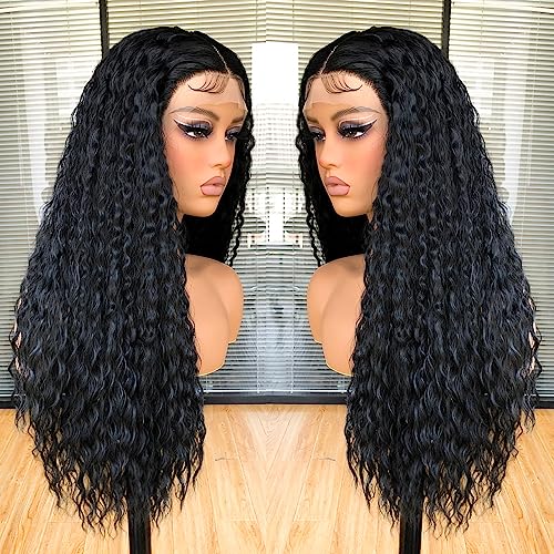 Annivia Black Long Curly Lace Front Wigs for Black Women, 13×4×1 HD Glueless Lace Curly Wig,Pre Plucked With Baby Hair,Deep Wave Lace Frontal Wigs,Afro Kinky Curly Synthetic Lace Wigs 26Inch