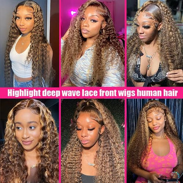 Highlight Ombre Lace Front Wig Human Hair 26 Inch 13X4 Deep Wave Honey Blonde Glueless Pre Plucked HD Lace Frontal Wigs 180% Density Curly Water Wave Wigs