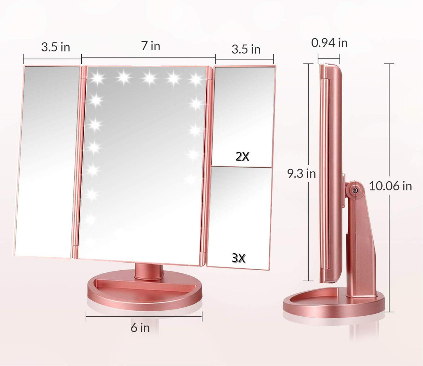 Infitrans 3 Folds Lighted Vanity Makeup Mirror,1X/2X/3X Magnification, 21 LED Light Bright Table Mirror with Touch Screen,180 Adjustable Rotation,Portable Travel Cosmetic Mirror