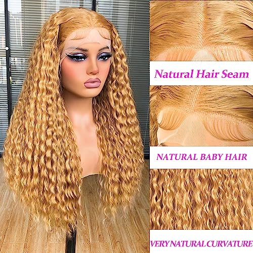 Annivia Long Curly Lace Front Wigs for Black Women, Pre Plucked with Baby Hair,Deep Wave Lace Front Wig,Afro Kinky Curly Synthetic Glueless Lace Frontal Wigs Honey Blonde 26Inch