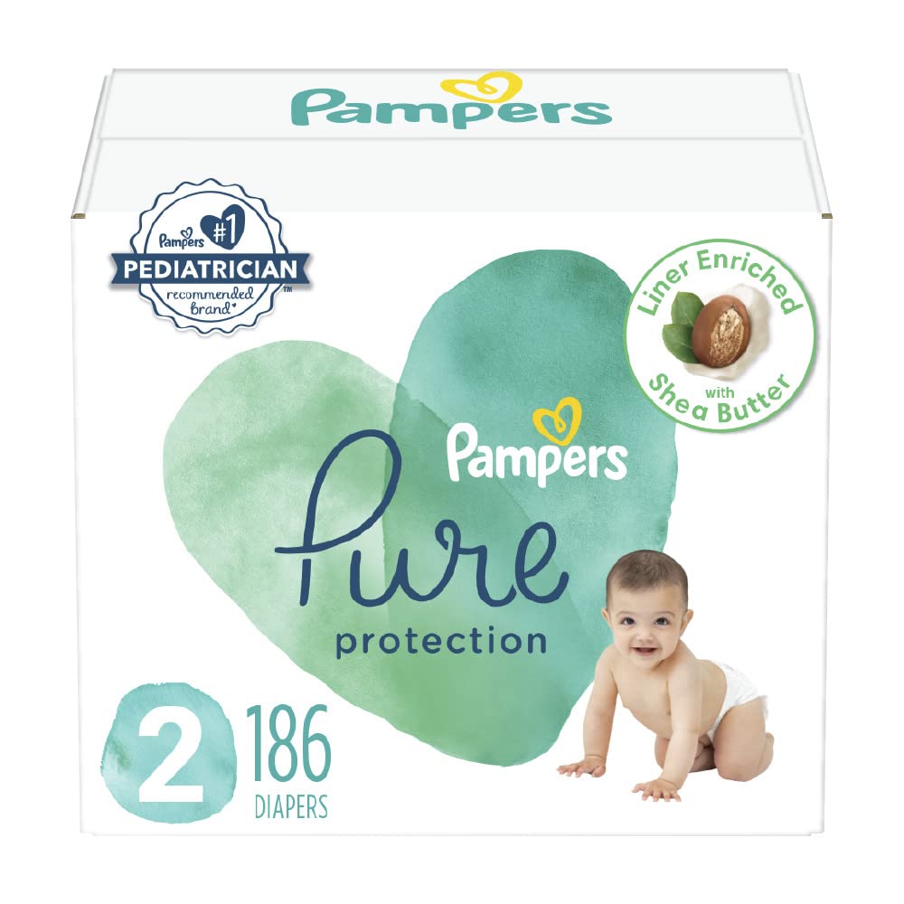 Pampers Pure Protection Diapers - Size 2, 186 Count, Hypoallergenic Premium Disposable Baby Diapers