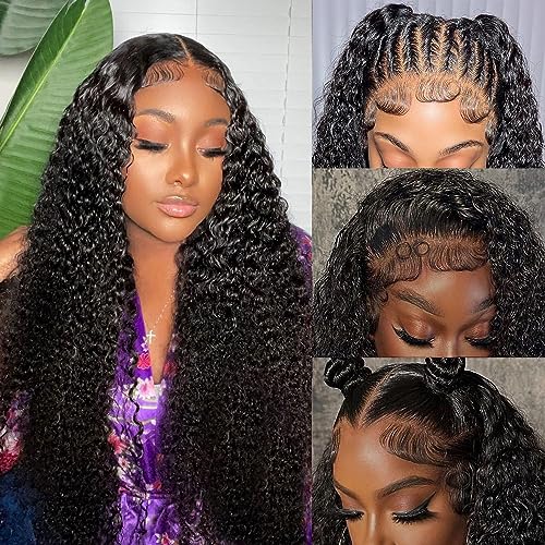 Deep Wave Lace Front Wigs Human Hair 28 Inch 13x6 Glueless Wigs Human Hair Pre Plucked Curly Human Hair Wigs for Women HD Transparent Lace Frontal Wigs 180% Density Deep Wave Wig Natural Color