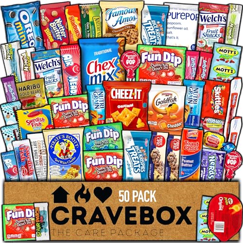 CRAVEBOX Snack Box (50 Count) Valentines Variety Pack Care Package Gift Basket Adult Kid Guy Girl Women Men Birthday College Student Office School