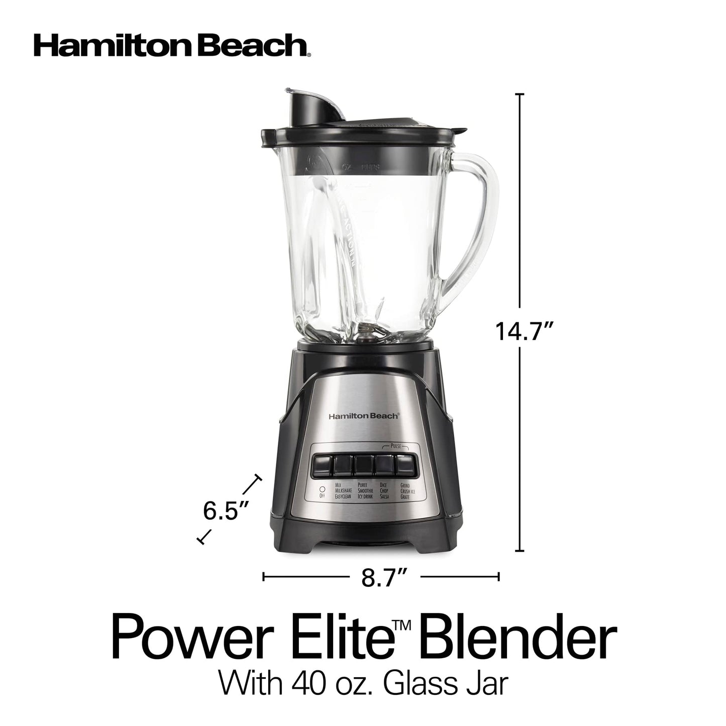 Hamilton Beach Power Elite Wave Action blender-for Shakes & Smoothies, Puree, Crush Ice, 40 Oz Glass Jar, 12 Functions, Stainless Steel Ice Sabre-Blades, Black (58148A)