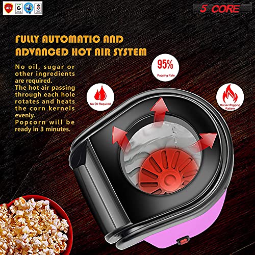5 Core Hot Air Popcorn Popper 1100W Electric Popcorn Machine Kernel Corn Maker, Bpa Free, 16 Cups, 95% Popping Rate, 3 Minutes Fast, No Oil Healthy Snack for Kids Adults, Home, Party & Gift POP P