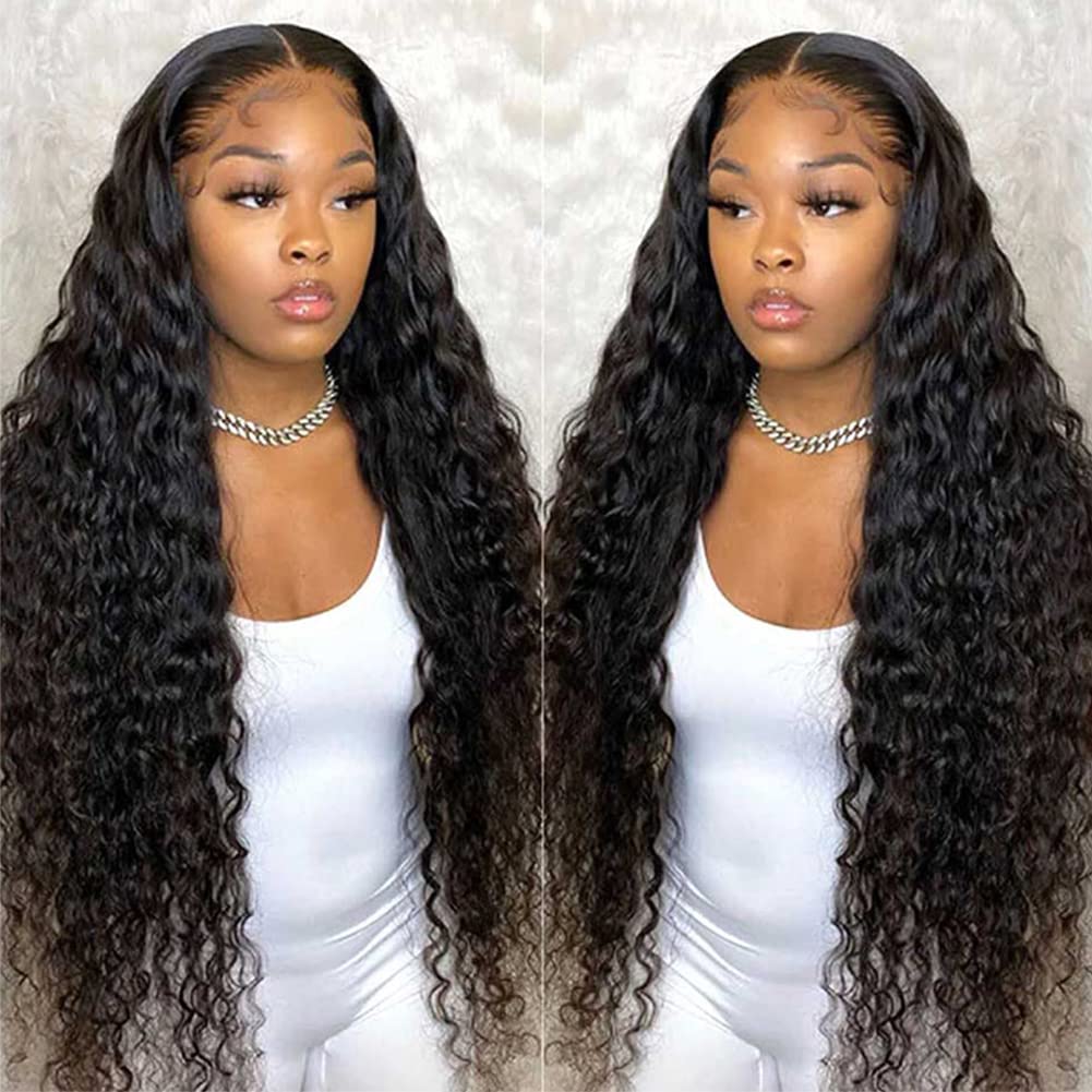 Pizazz 13x4 HD Transparent Lace Front Wigs Human Hair Pre plucked Bleached Knots with Baby Hair 180 Density Brazilian Deep Wave Frontal Wigs for Black Women(26 Inch, Black color)