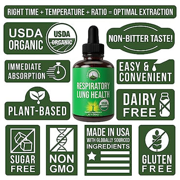 USDA Organic Lung Cleanse For Better Respiratory Health. 6-in-1 Liquid Drops Vegan Supplement For Lungs with Mullein Leaf, Marshmallow Root. Detox For Smokers And Non Smokers. No Sugar Tonic Tincture