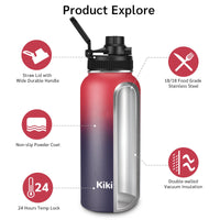 Insulated Water Bottle With Straw, Sports Water Bottle 1L, Reusable Vacuum 18/8 Stainless Steel Flask Thermos, Modern Wide Mouth Double Walled Simple Mug, Keeps Hot & Cold (32 oz, Wine Red Deep Sea)