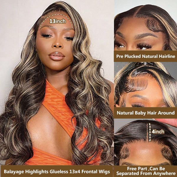 Geeta FB/27 Balayage Highlight Lace Front Wig Human Hair Pre Plucked 13x4 HD Lace Ombre Body Wave Wig 180 Percent Density Glusless Wigs Human Hair for Women 18 Inch…