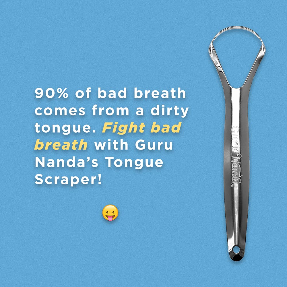 GuruNanda Stainless Steel Tongue Scraper (Pack of 2), Fights Bad Breath & Advanced Formula Oil Pulling, Natural Coconut Oil Mouthwash with Essential Oils