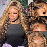 Highlight Ombre Lace Front Wig Human Hair 26 Inch 13X4 Deep Wave Honey Blonde Glueless Pre Plucked HD Lace Frontal Wigs 180% Density Curly Water Wave Wigs