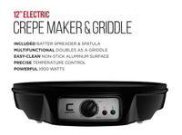 CHEFMAN Electric Crepe Maker: Precise Temp Control, 12" Non-Stick Griddle, Perfect for Crepes, Tortillas, Blintzes, Pancakes, Waffles, Eggs, Bacon, Batter Spreader & Spatula Included, Black