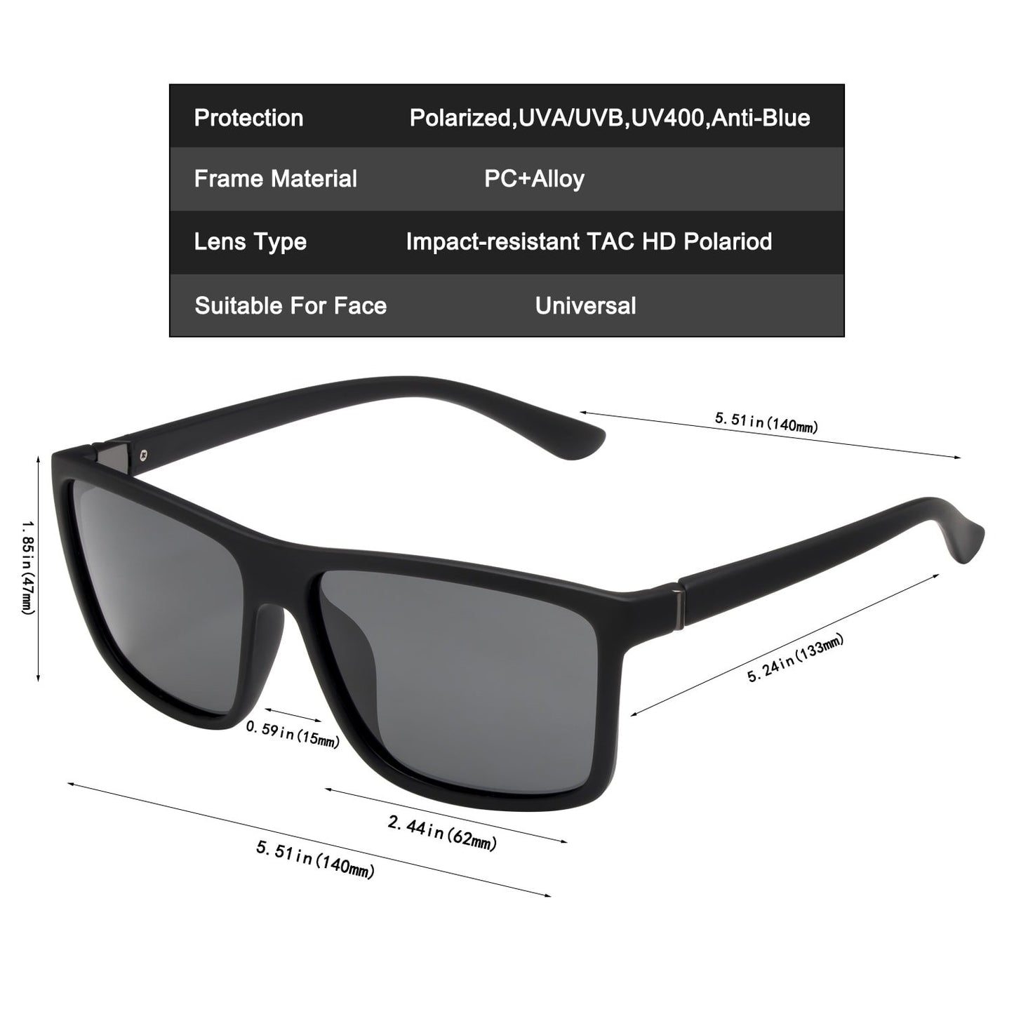 NIEEPA Men's Driving Sports Polarized Sunglasses Square Wayfarer Plastic Frame Glasses (Grey Lens/Black Frame)