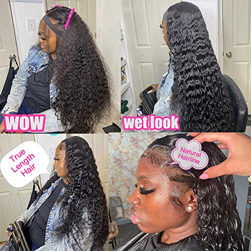 28 Inch Lace Front Wigs Human Hair Water Wave Wigs for Black Women Human Hair 13x4 Lace Front Wigs Pre Plucked with Baby Hair Lace Frontal Wigs Wet and Wavy Wigs Curly Lace Front Wig180% Density