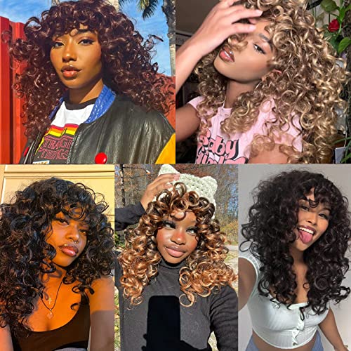 Annivia Curly Wig with Bangs for Black Women Ombre Brown Kinky Long Curly Wig Synthetic Hair Daily Use Cosplay 17 Inch