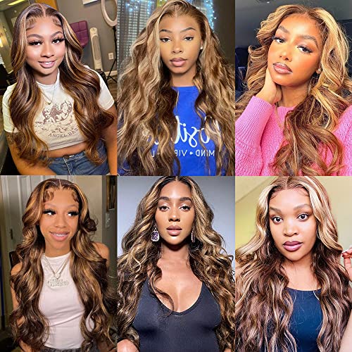 Honey Blonde Ombre Lace Front Wig Human Hair Pre Plucked 28 Inch 13x4 HD Transparent 4/27 Highlight lace frontal Wigs with Baby Hair 180% Density Colored Body Wave Lace Front wigs Human Hair