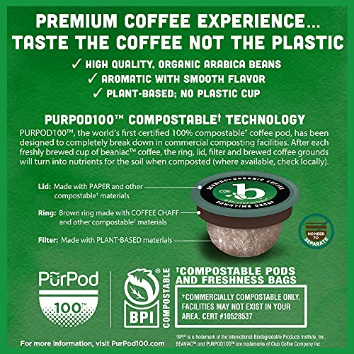 beaniac Organic Downtime Decaf Swiss Water Decaffeinated, Medium Roast, Single Serve Compostable K Cup Coffee Pods, Organic Arabica Coffee, Keurig Brewer Compatible, 30 Count