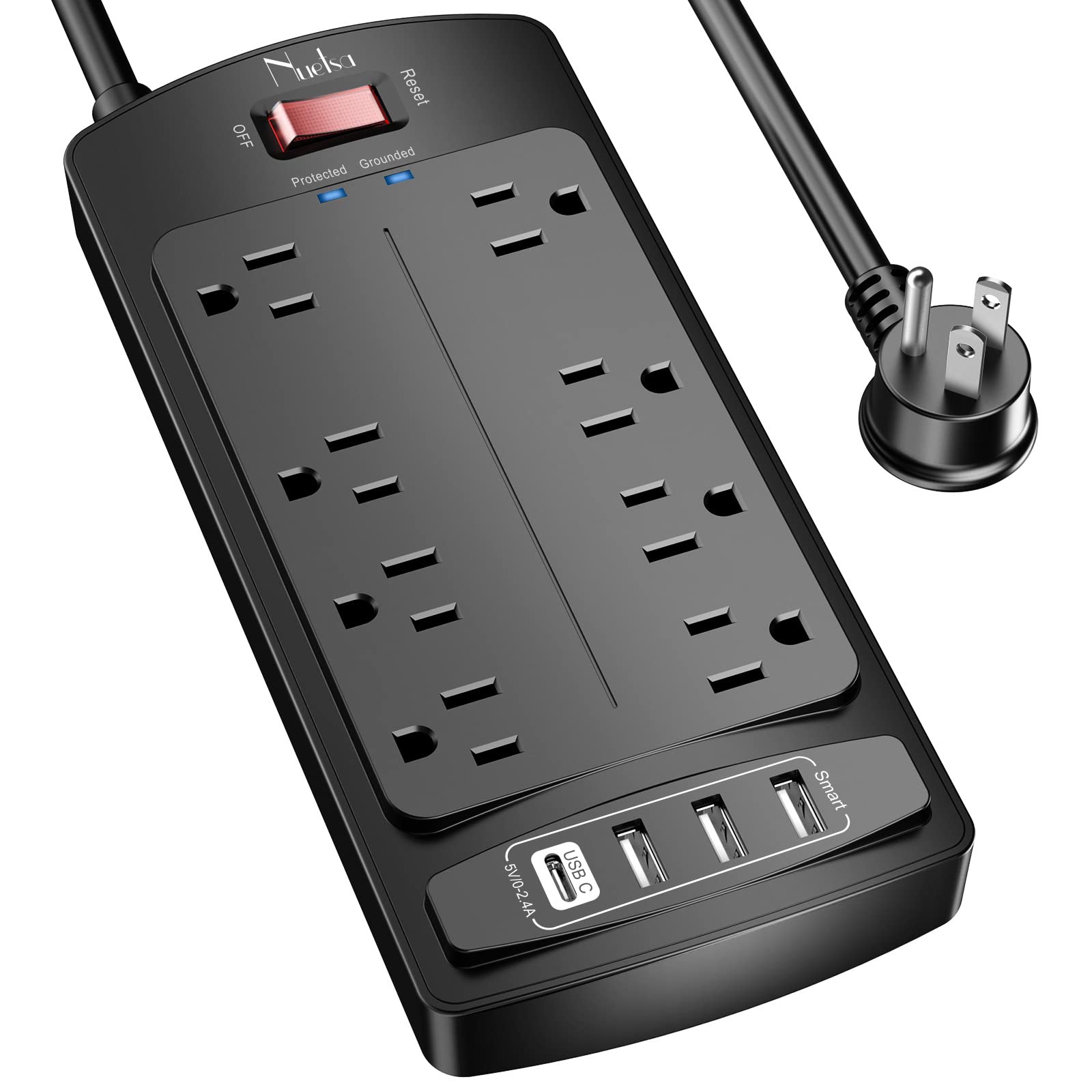 Surge Protector Power Strip - Nuetsa Flat Plug Extension Cord with 8 Outlets and 4 USB Ports, 6 Feet Power Cord (1625W/13A), 2700 Joules, ETL Listed, Black