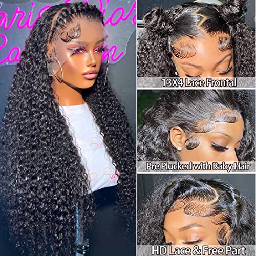 Deep Wave Lace Front Wigs Human Hair 13X4 HD Transparent Deep Curly Human Hair Lace Front Wigs for Women 180% Density Glueless Lace Frontal Wigs Human Hair Pre Plucked with Baby Hair (28 Inch)