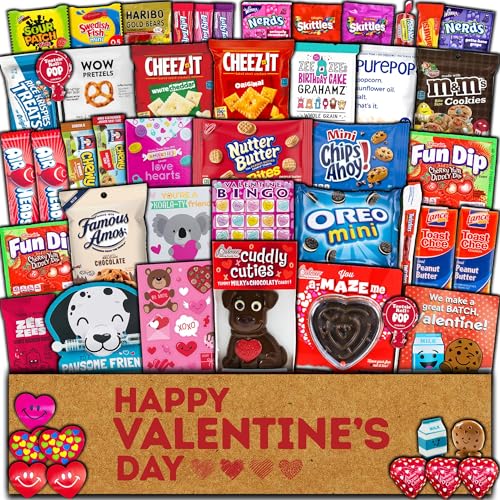 Valentine's Day Care Package (50ct) Snacks Chocolates Candy Gift Box Assortment Variety Bundle Crate Present for Boy Girl Friend Student College Child Husband Wife Boyfriend Girlfriend Love Niece