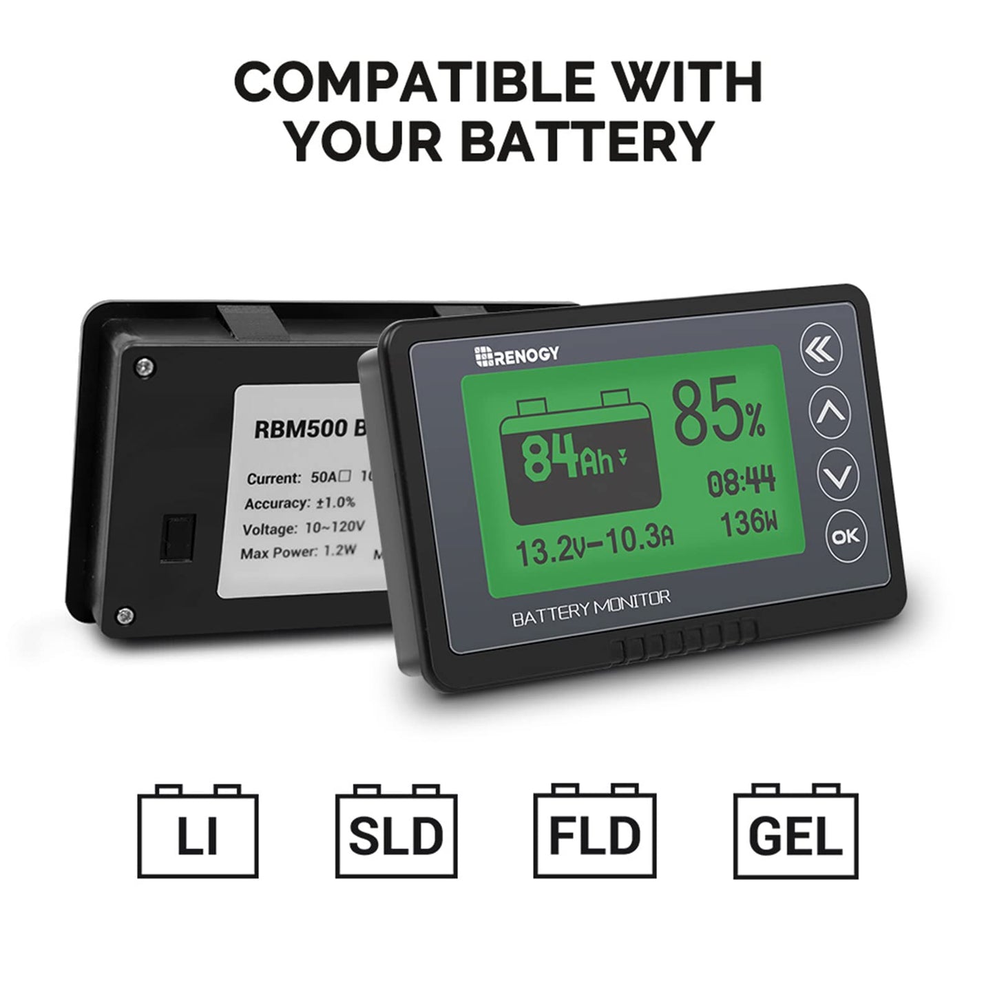 Renogy 500A Battery Monitor with Shunt, High and Low Voltage Programmable Alarm, Range 10V-120V up to 500A, 20ft Shielded Cable, Compatible 12V Lithium Sealed, Gel, Flooded Batteries,Black