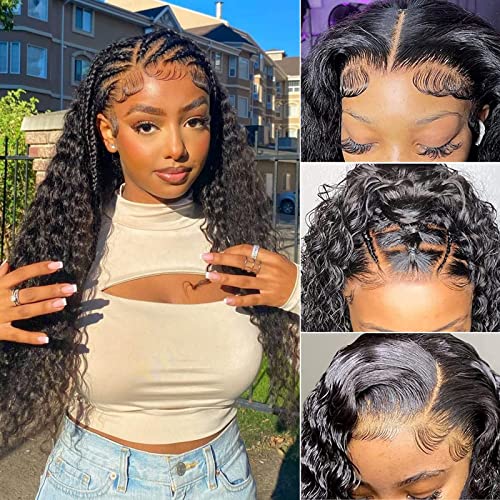 Water Wave Lace Front Wigs Human Hair Pre Plucked 13x4 HD Deep Wave Curly Lace Front Wigs for Black Women Human Hair Glueless 200 Density Brazilian Transparent Lace Frontal Wet and Wavy Wigs 24 Inch