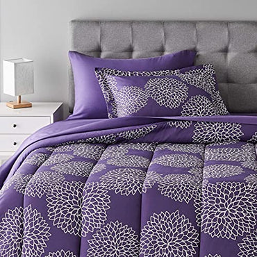 Amazon Basics Lightweight Microfiber Bed-in-a-Bag Comforter 5-Piece Bedding Set, Twin/Twin XL, Purple Floral