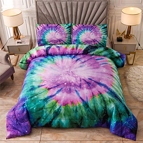 A Nice Night Bedding Tie Dye Galaxy Comforter Set, Psychedelic Swirl Pattern Colorful Boho, Boys Girls Bedding Quilt Sets (Purple, Twin(68-by-88-inches))