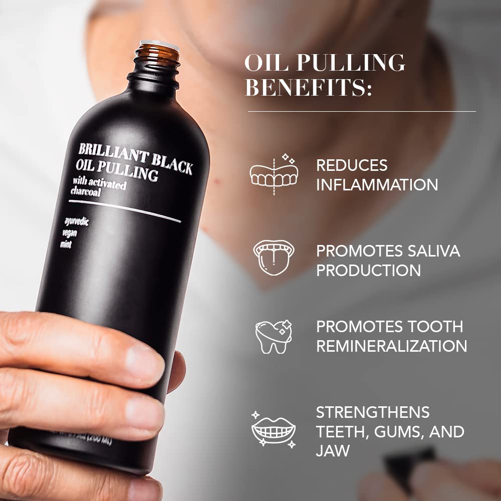 Brilliant Black Oil Pulling, Natural Ayurvedic Blend of Activated Charcoal and Coconut Oil, Oil Pulling Mouthwash Rinse with Peppermint Essential Oil - Terra & Co.