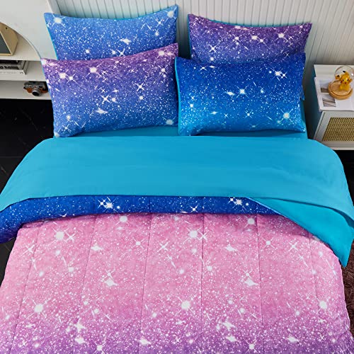 inron Blue Glitter Comforter Sets for Girls Women,Full/Queen Size 5-Pieces Bed in a Bag Ultra Soft Microfiber Comforter and Sheet Sets, All Season Durable Bedding Set(Blue,Full/Queen)