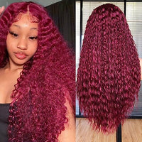 Annivia 26Inch Deep Wave Lace Front Wigs,Burgundy Long Curly Lace Front Wigs for Black Women,HD Glueless Lace Wigs Pre Plucked,Afro Kinky Curly Synthetic Lace Frontal Wig