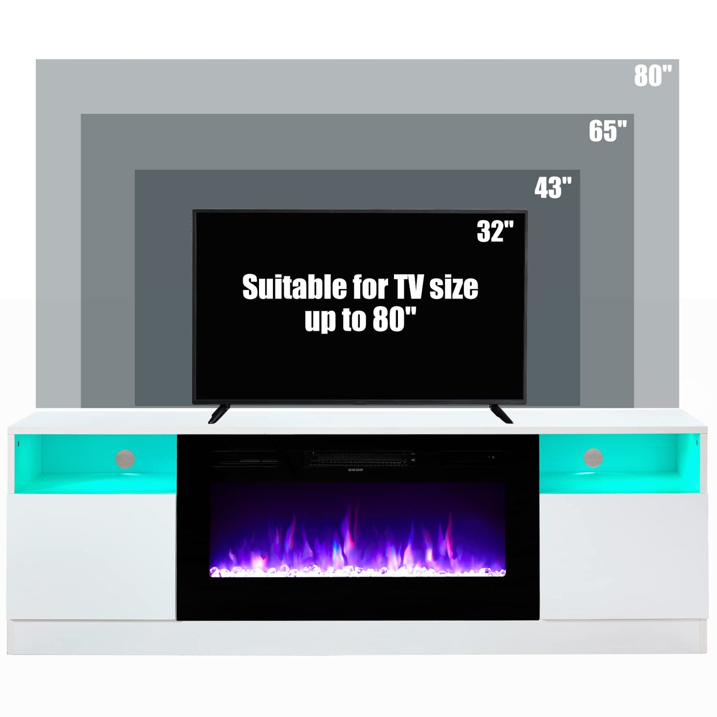 Amerlife TV Stand with Fireplace, LED Light Entertainment Center with 36" Electric Fireplace, 70" Modern Wood Entertainment Stand with Highlight Storage Cabinet for TVs up to 80", White & Black