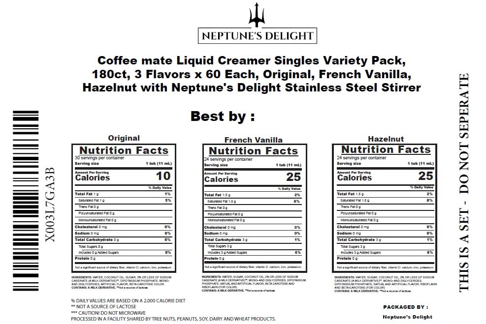 Coffee mate Liquid Creamer Singles Variety Pack, 180ct, 3 Flavors x 60 Each, Original, French Vanilla, Hazelnut with Neptune's Delight Stainless Steel Stirrer