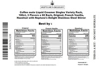 Coffee mate Liquid Creamer Singles Variety Pack, 180ct, 3 Flavors x 60 Each, Original, French Vanilla, Hazelnut with Neptune's Delight Stainless Steel Stirrer