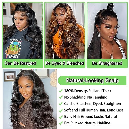 26 Inch Body Wave Lace Front Wigs Human Hair Pre Plucked 180% Density 13x4 HD Lace Front Wigs for Women Glueless Wigs Black Unprocessed Brazilian Virgin Human Hair with Baby Hair Bleached Knots